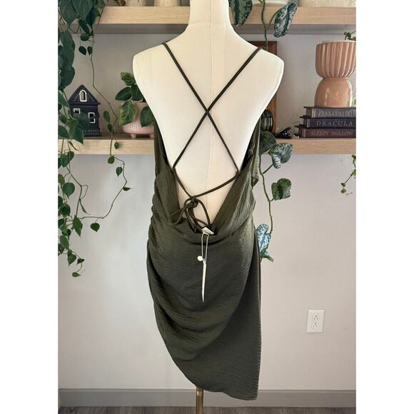 Olive Green Ellie Ruched Mini Dress Large Crisscross Back Cowl Neck Fashion Nova - Picture 2 of 10